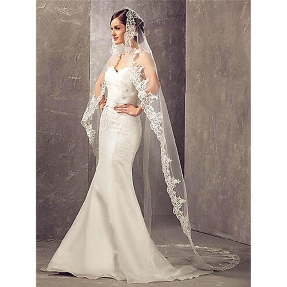Cathedral Wedding Veil 1 Tier Lace Applique Bridal Veil with Comb (Ivory) - Picture 4 of 8